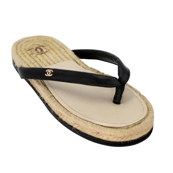 CHANEL Shoes - Chanel Raffia Leather Logo Slip On Platform Thong Sandals Beige Womens 38 / US 8